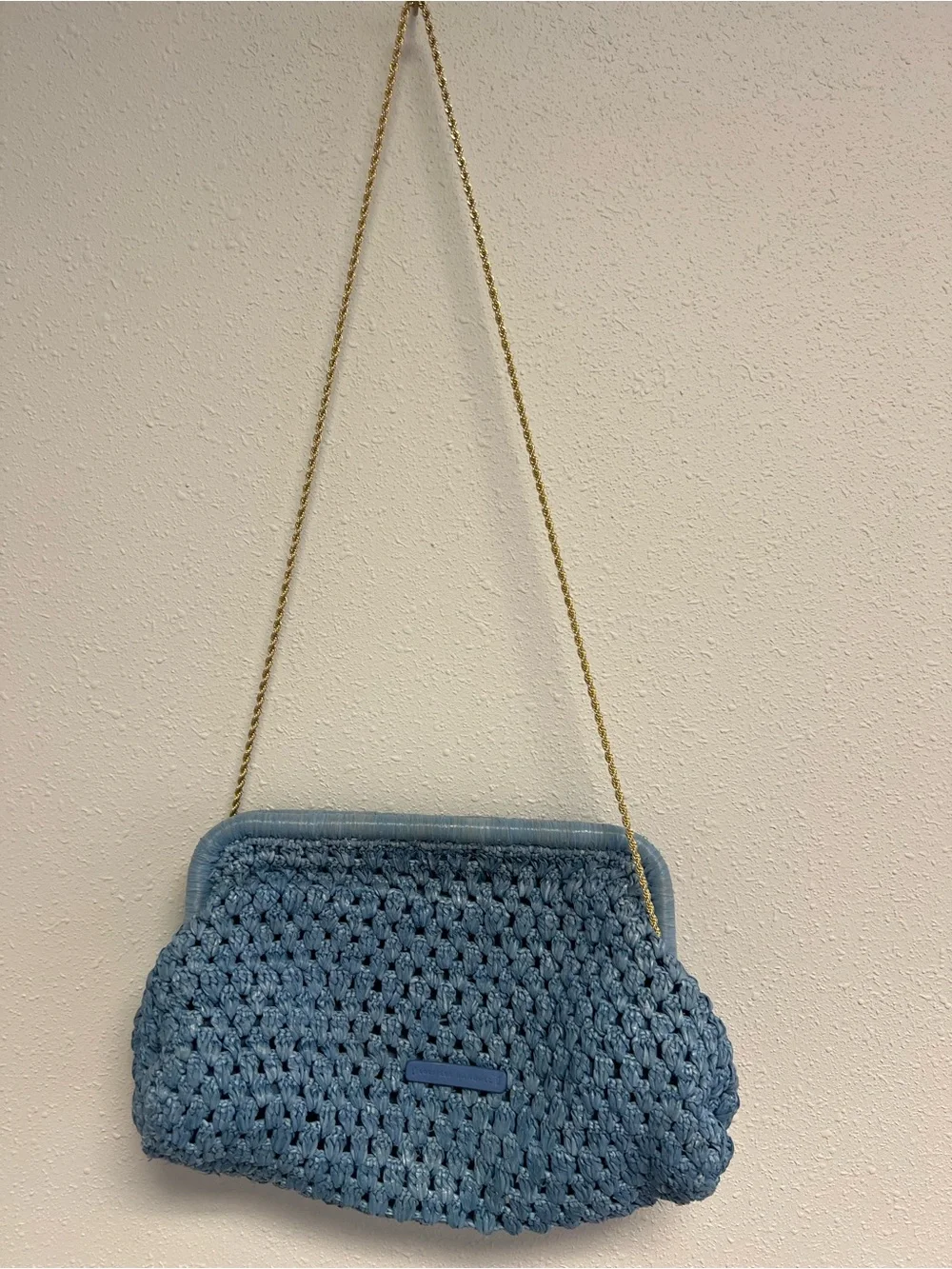 Loeffler Randall Light Blue Woven Clutch with Gold Chain